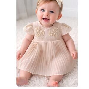 Luca Gobbi Christening Dress Size 9/12 Months  Ivory /Champaign Pearls Pleats